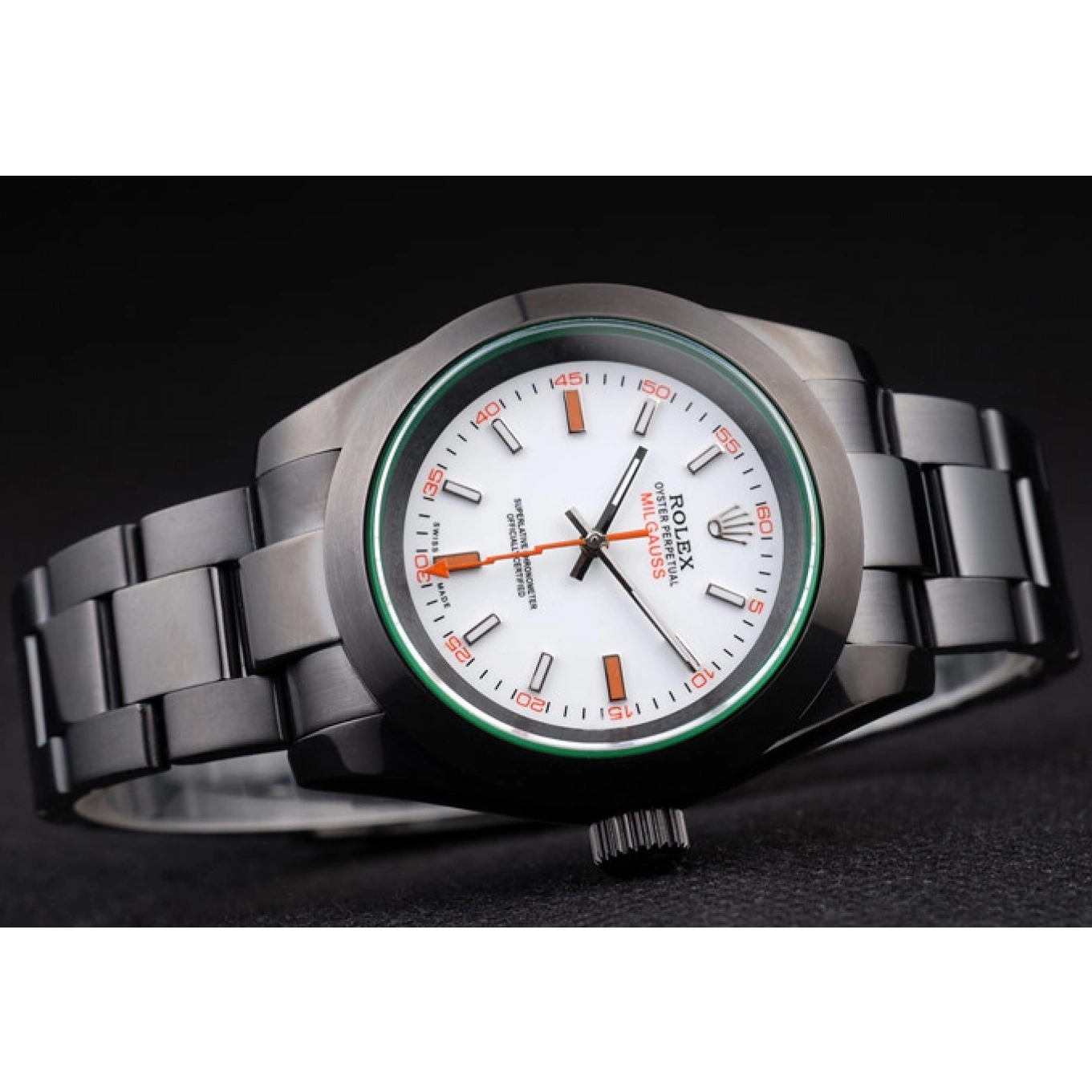 Aaa replica watch Green Dial Rolex White Milgauss Pro-Hunter Tinted Saphire 0727